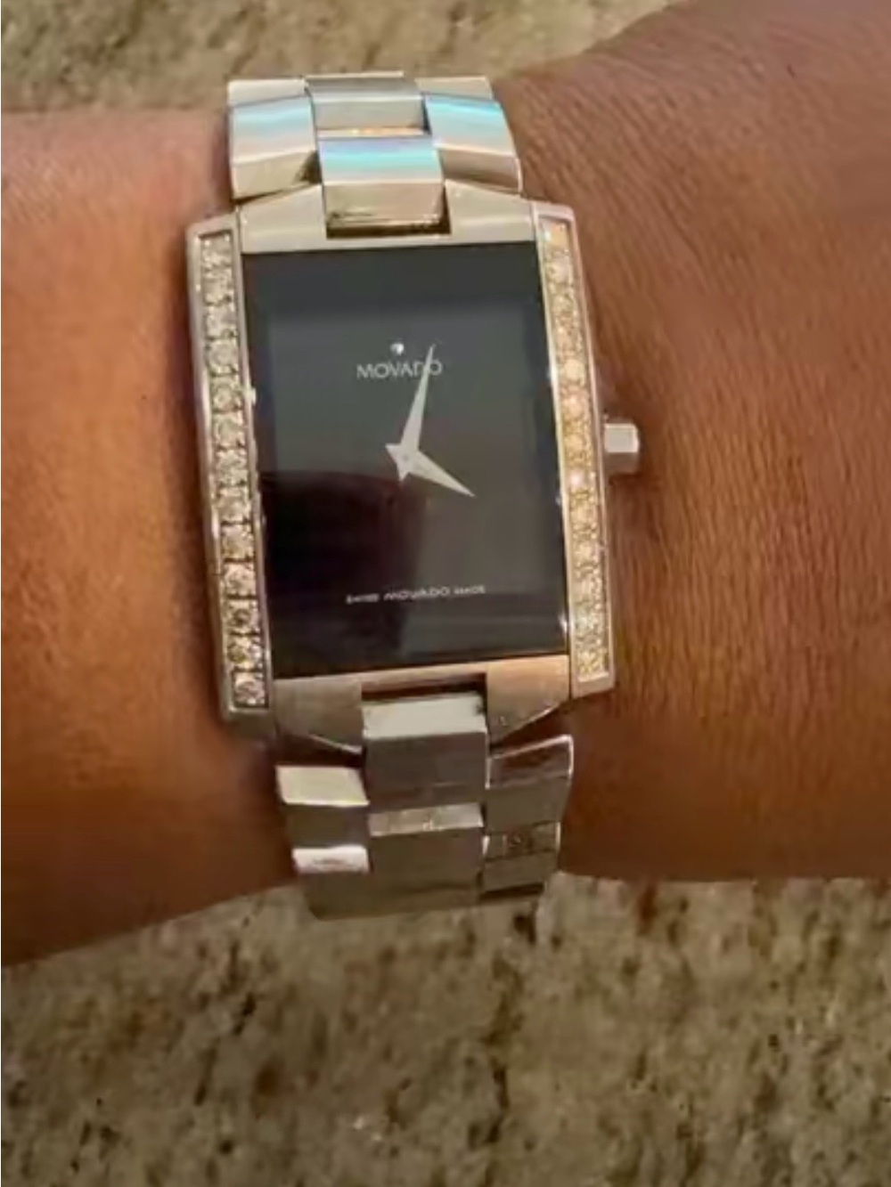 Movado Stainless Steel Black Dial Women's Watch with diamonds
